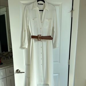 Elegant White Shirt Dress with Brown Belt